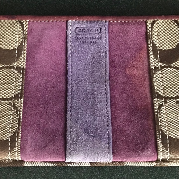 Coach Khaki/Purple Canvas Leather Suede Wristlet - Picture 16 of 16